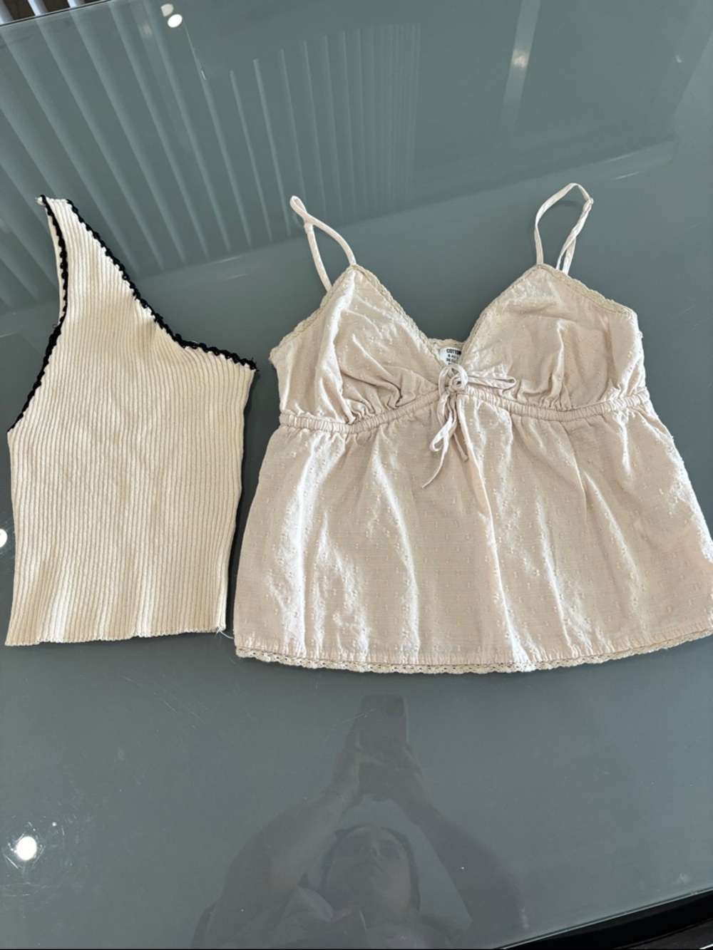 Cream Lace-Trim Cami & One-Shoulder Ribbed Top Set